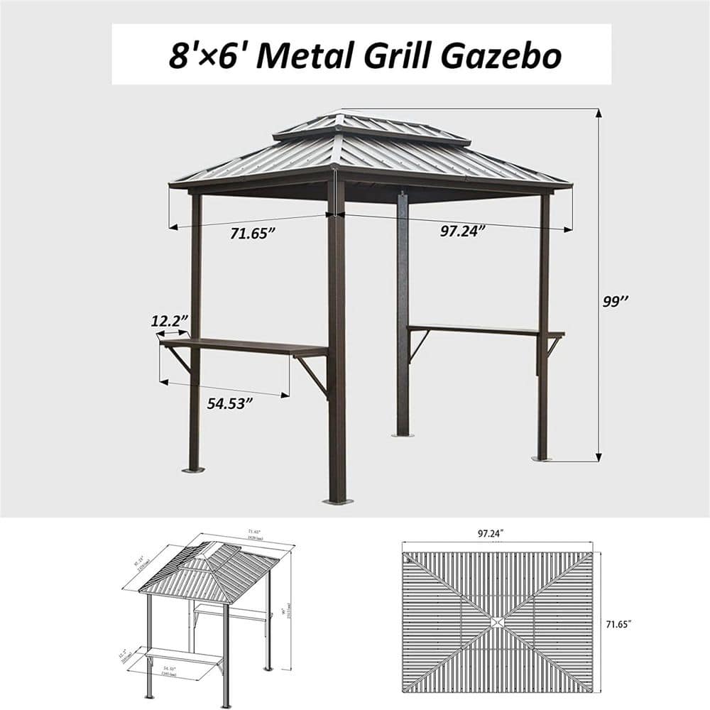 Mondawe Grill Gazebo 8' × 6', Aluminum BBQ Gazebo Outdoor Metal Frame with Shelves Serving Tables, Permanent Double Roof Hard top Gazebos for Patio Lawn Deck Backyard and Garden (Brown)