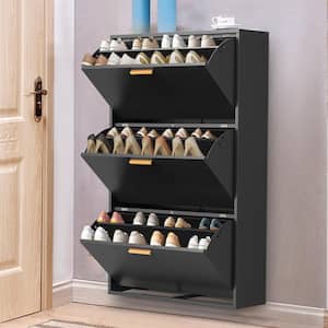 48 in. H x 26 in. W Black Steel 3-Drawers Shoe Storage Cabinet Freestanding Shoe Rack Storage Organizer with Flip Door