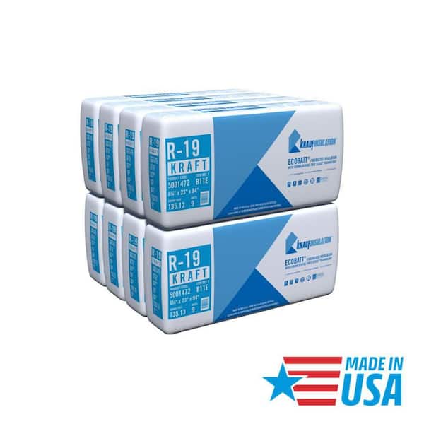 R19 Kraft Faced 23 in. x 94 in. Precut Fiberglass Insulation Batts for Floor 2x6 Wall - Sound-Reducing USA Made (8-Bags)