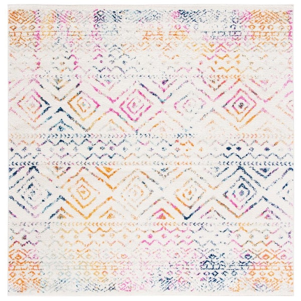 Tulum 3 ft. x 3 ft. Square Ivory/Fuchsia Striped Geometric Diamonds Area Rug