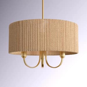 Collision 3-Light Gold/Wood Island Chandelier with Paper Rope Shade