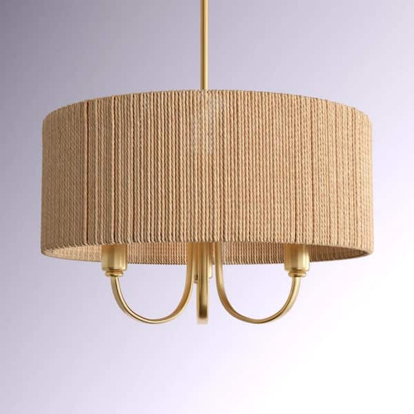 Maxax Collision 3-Light Gold/Wood Island Chandelier with Paper Rope Shade