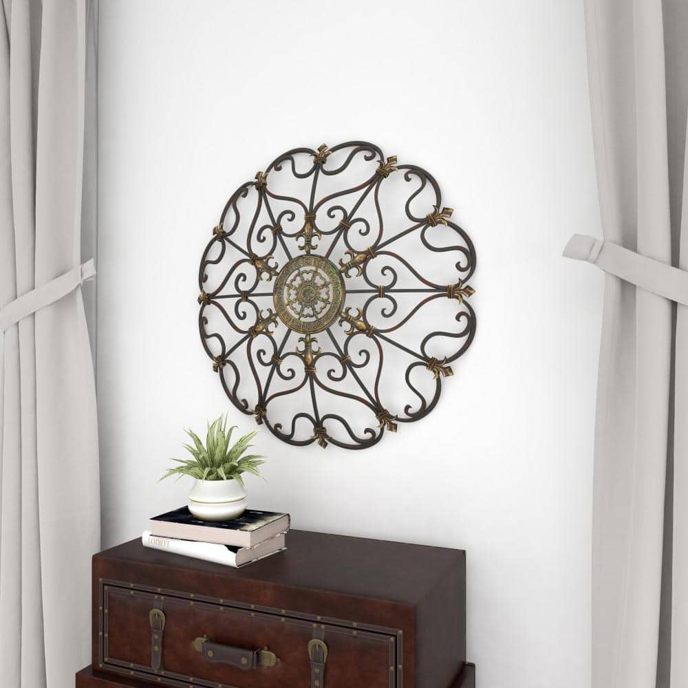 Bronze Ornate Scrollwork Round Metal Wall Decor, 29"