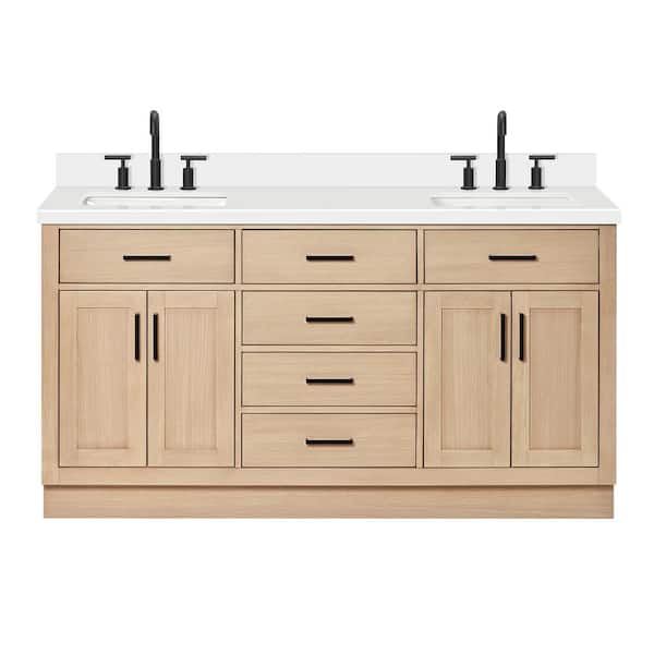 Hepburn 66 in. Double Sink Freestanding Bathroom Vanity in Oak with Pure White Quartz Top