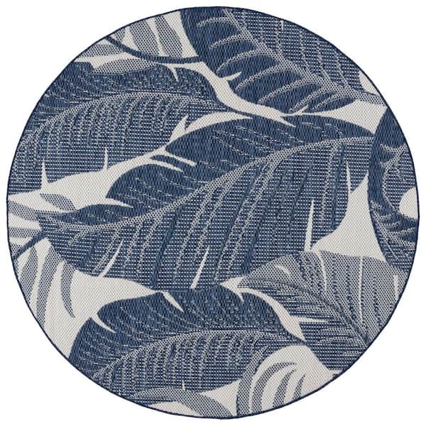 Beach House Navy/Ivory 7 ft. x 7 ft. Oversized Botanical Indoor/Outdoor Round Area Rug