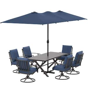 7-Piece Metal Patio Outdoor Dining Set with 6 Swivel Chairs, Large Table, Umbrella and NavyBlue Cushions