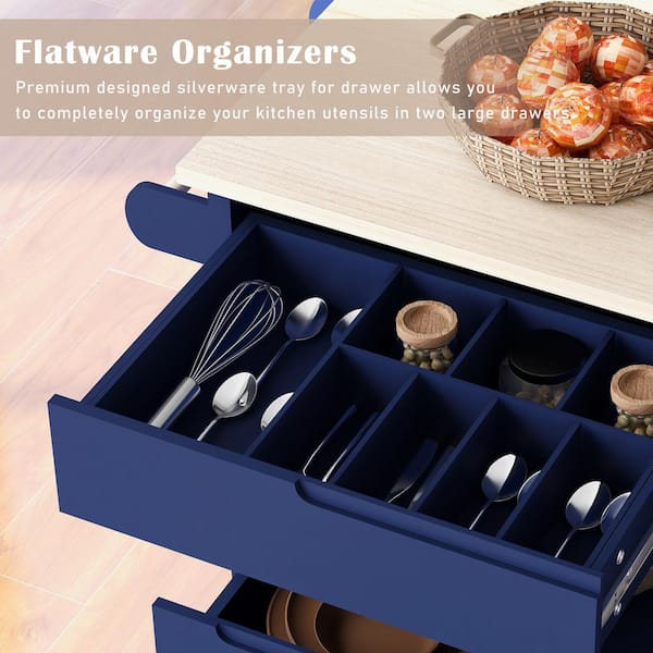 Blue Rubber Wood Countertop 53.15 in. Kitchen Island with 8-Drawers and Flatware Organizer on 5 Wheels