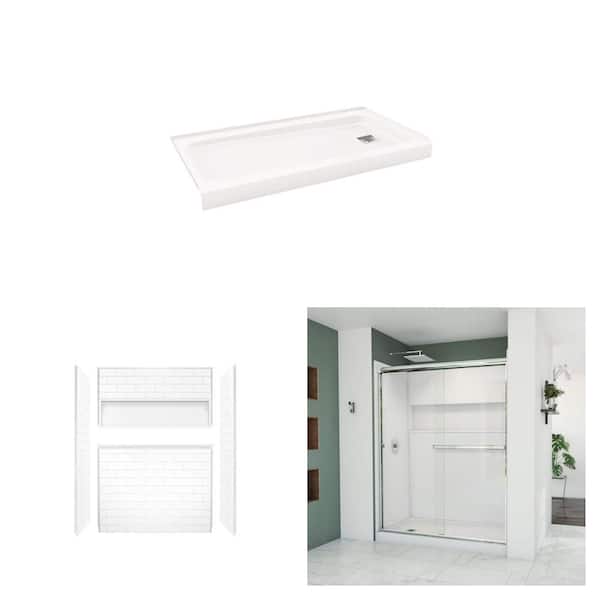 Aloha 60 in. x 32 in. Shower Pan, NexTile 60 in. x 32 in. x 74 in. Wall Kit, & 56-60 in. Sliding Door Combo