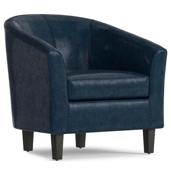 Simpli Home Austin 30 in. Contemporary Distressed Dark Blue Faux Leather Bucket Chair