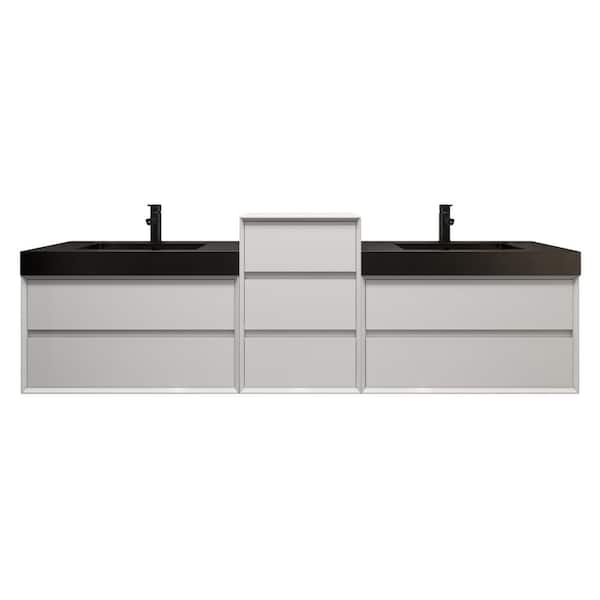 MIA 114 in. W x 20 in. D x 30 in. H Double Sink Middle Cabinet Bath Vanity in Gloss White with Black Stainless Steel Top