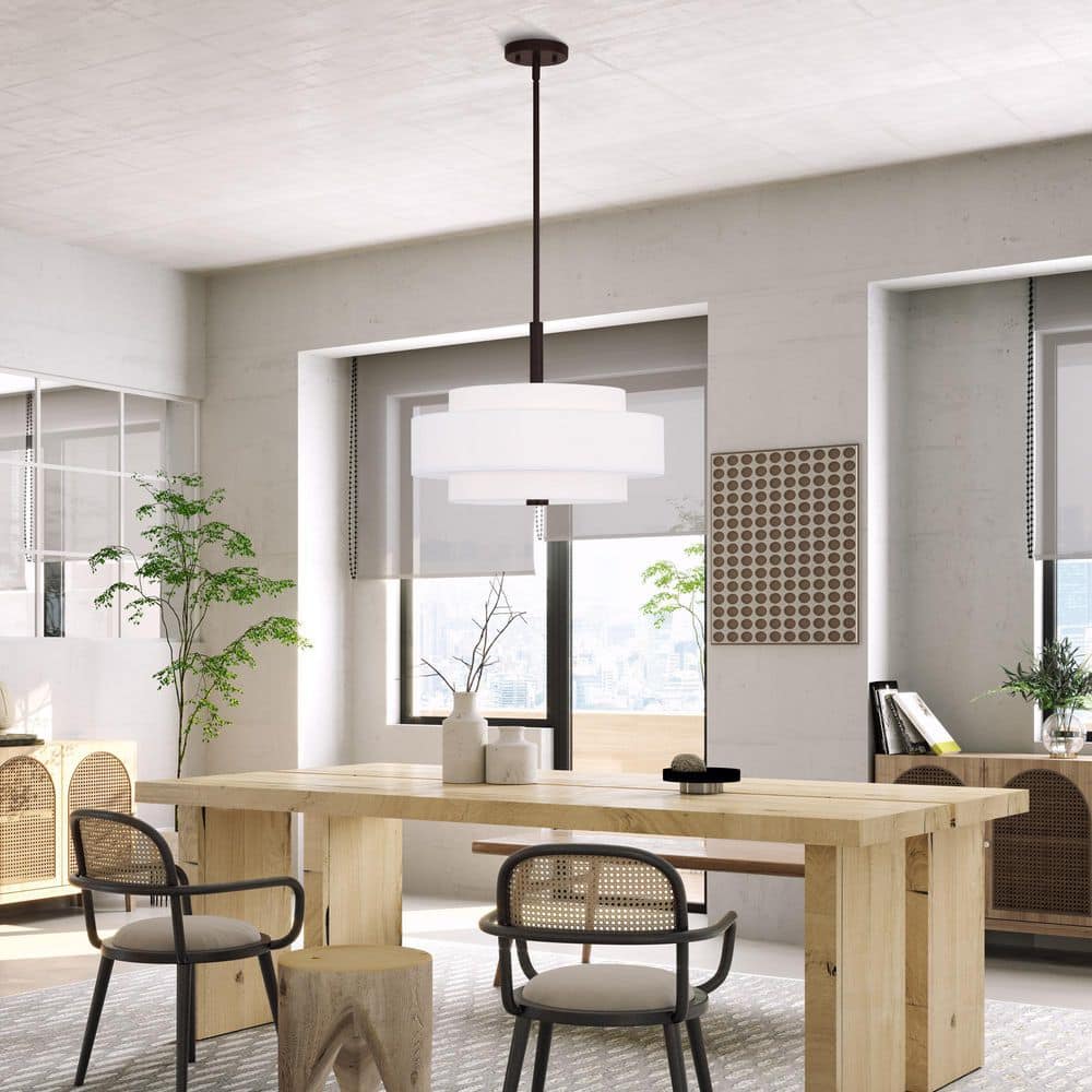Bronze 4-Light Pendant with Off-White Drum Shade
