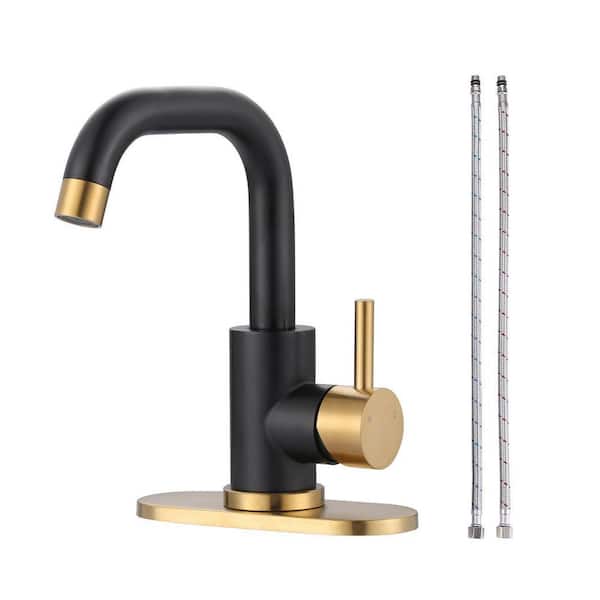 Modern Single Handle Stainless Steel Bar Faucet with Deck Plate and Supply Lines in Gold and Black