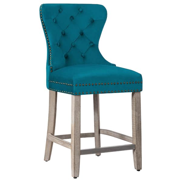WESTINFURNITURE Harper 24 in. High Back Nail Head Trim Button Tufted Teal Velvet Counter Stool with Solid Wood Frame in Antique Gray