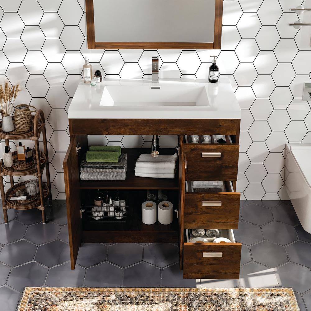 Lugano 36" Rosewood Modern Bathroom Vanity with White Acrylic Top