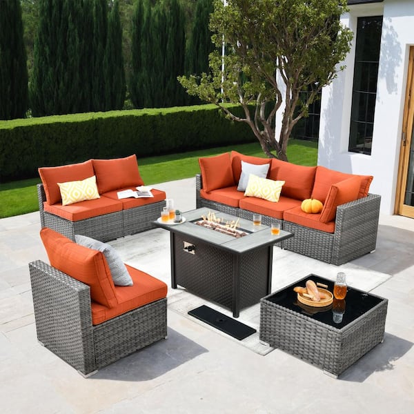 XIZZI Gemini 8-Piece Wicker Patio Rectangular Fire Pit Set with Orange Red Cushions