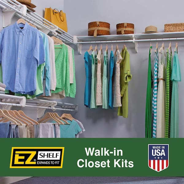 EZ Shelf Expandable Closet Shelf Rod 66 W 120 W, White, Mounts  to Back Wall with2 End Brackets, Wire, Closet System EZS-SCRW118-1-2