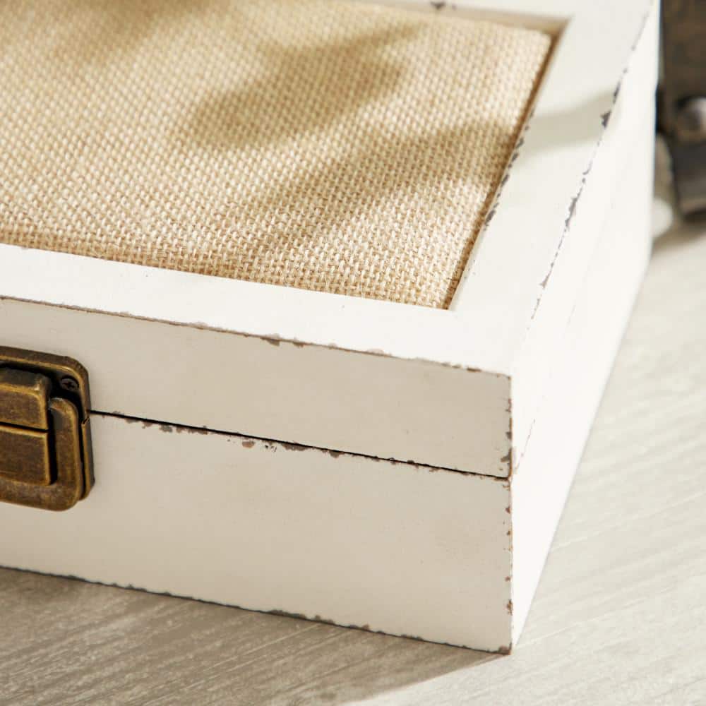 White and Burlap Rectangular Wood Lidded Box Set