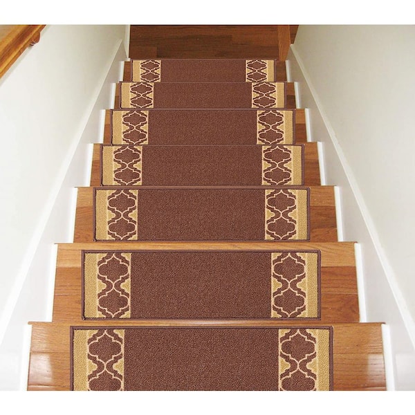 Trellis Border Brown ​ 8.5 in. x 26 in. Indoor Carpet Stair Tread Cover Slip Resistant Backing (Set of 3)