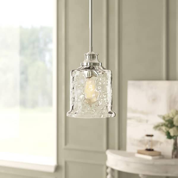 Drake 60-Watt 1-Light Polished Nickel Classic Mini Pendant Light with Clear Hammered Glass Shade and No Bulbs Included