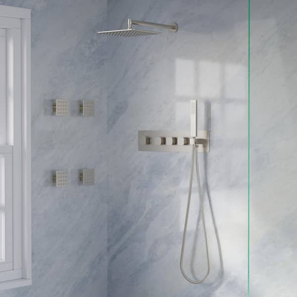 WELLFOR Dual Shower Heads Thermostatic Shower Faucet System 2.5 GPM with 4-Jets in Brushed Nickel (Valve Included)