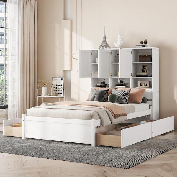 Qualler White Wood Frame Full Size Platform Bed with Storage Headboard and Drawer