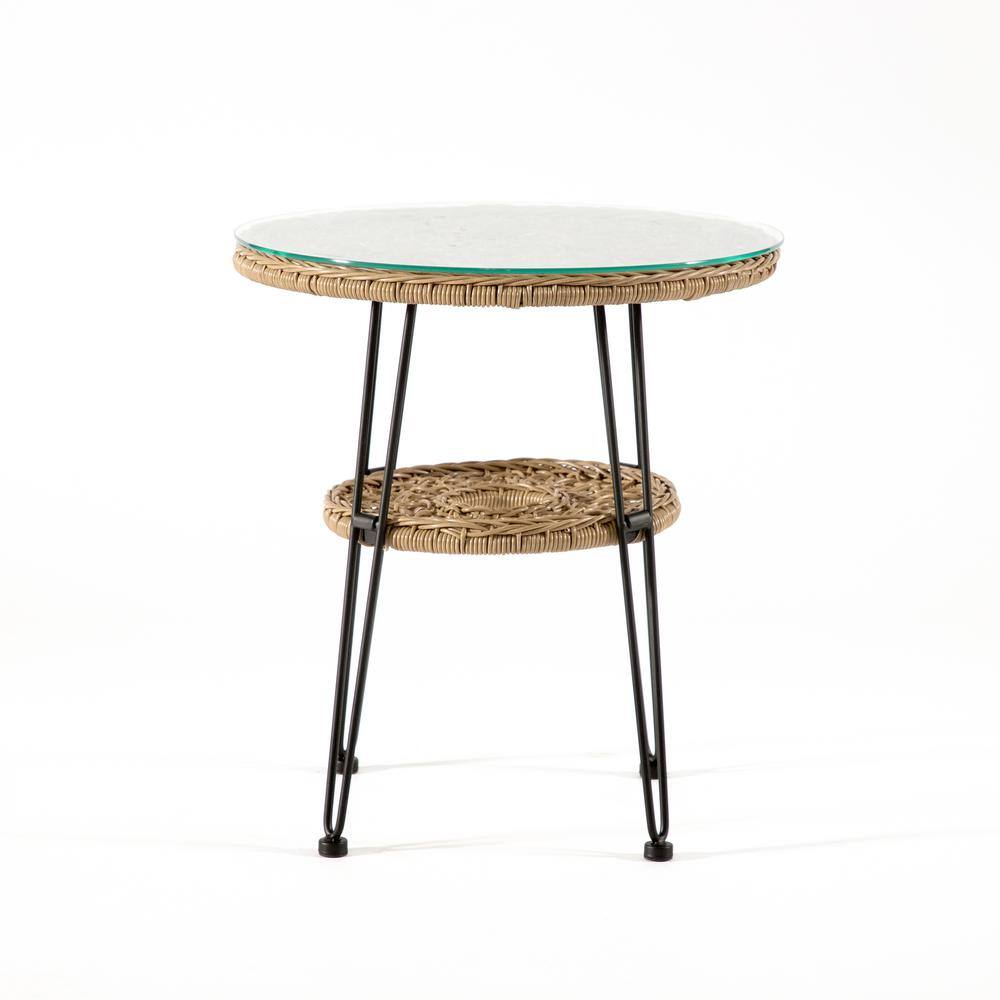 Tiny Natural Rattan and Glass Round Outdoor Side Table
