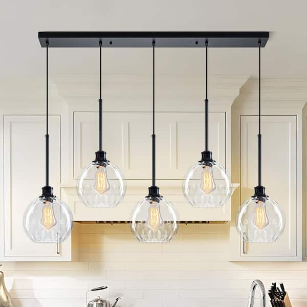 5-Light Black Modern/Contemporary Hammered Glass Kitchen Island Light 5-Light Water Glass Hanging Pendant Light