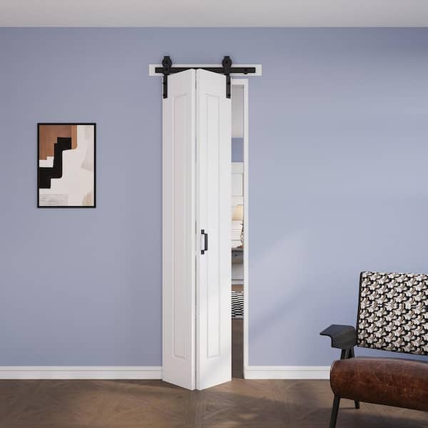 24 in. x 84 in. Assembled Bi-Fold 1 Panel White Primed DIY Available Hollow Core MDF Sliding Barn Door with Hardware Kit