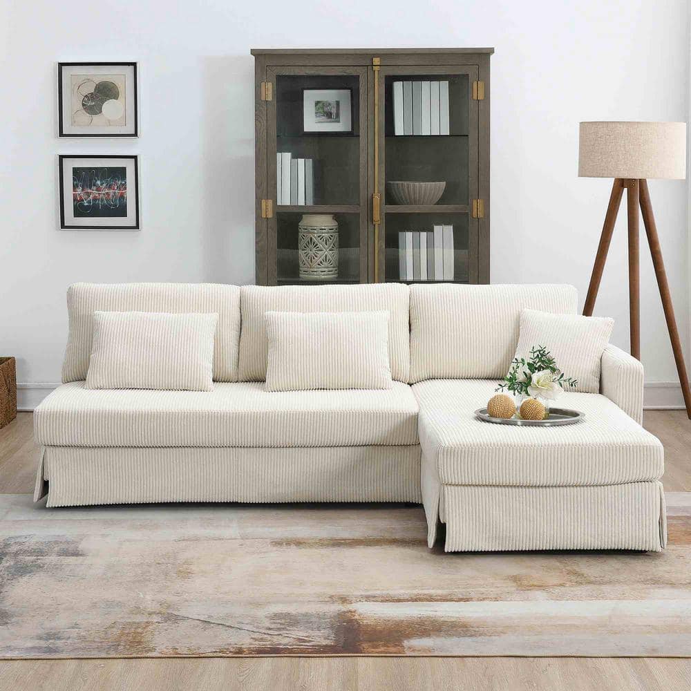87 in. Square Arm Fabric L-shaped Sofa with Reversible Chaise in. Beige