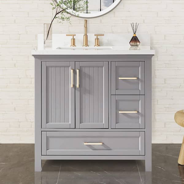 36 in. Solid Wood Grey Bath Vanity with Carrara White Cultured Marble Top, 2 Handles Sets, Soft-Closing, Assembled