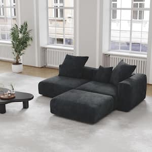 130 in. Square Arm Oversized 3-Piece Deep Seat Corduroy Modular Grand Sectional Sofa Rearrangeable Couch in Black