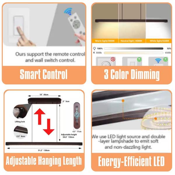 51 in. 1-Light LED Walnut Wood Warehouse Pendant Hanging Light with Remote Control, Dining Room, Kitchen