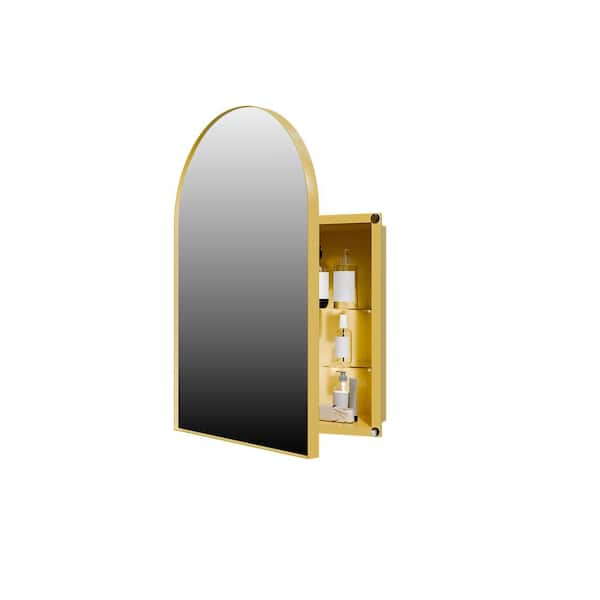 18 in. W x 24 in. H Arched Gold Iron Framed Wall Mount or Recessed Adjustable Shelves Medicine Cabinet with Mirror