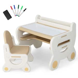 2-Piece Rectangular Plastic Top Brown Kids Drawing Table & Chair Set Reading Playing with Pens & Blackboard Eraser