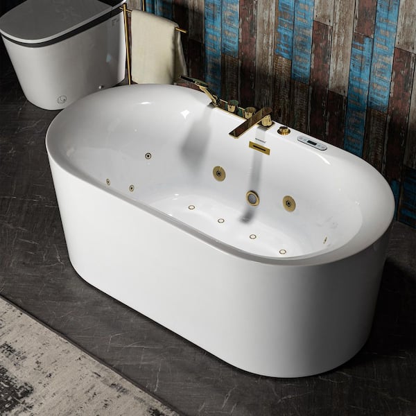 59 in. x 31.5 in. Acrylic Whirlpool and Air with Inline Heater Soaking Bathtub in White with Gold Tub Filler