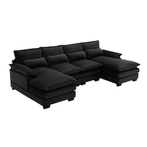 109.8 in. x 55.9 in. Square Arm Velvet U-Shaped Sectional Sofa with Waist Pillows in Black