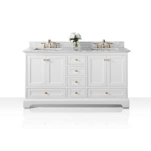 Audrey 66 in. W x 22 in. D x 34.3 in. H Double Sink Bath Vanity in White with Gold with Italian Carrara White Marble Top