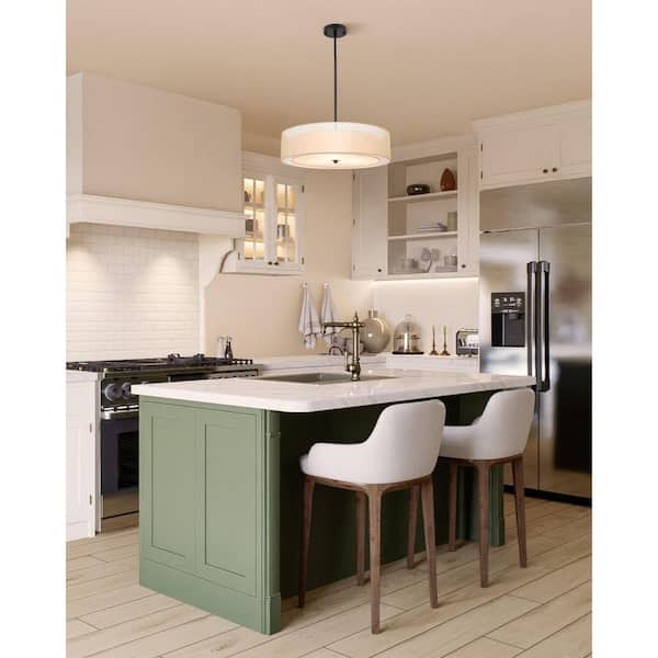 3-Light Antique Bronze Double Drum Pendant with Outer Organza Shade