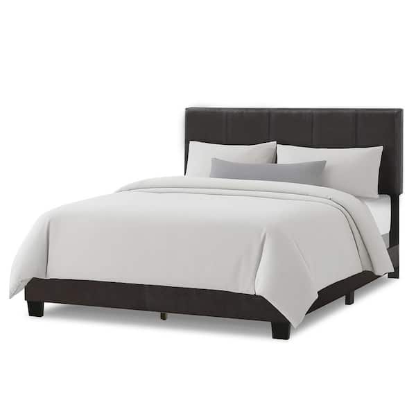 Arty Black Brown Faux Leather Queen Bed with Line Stitch Tufting