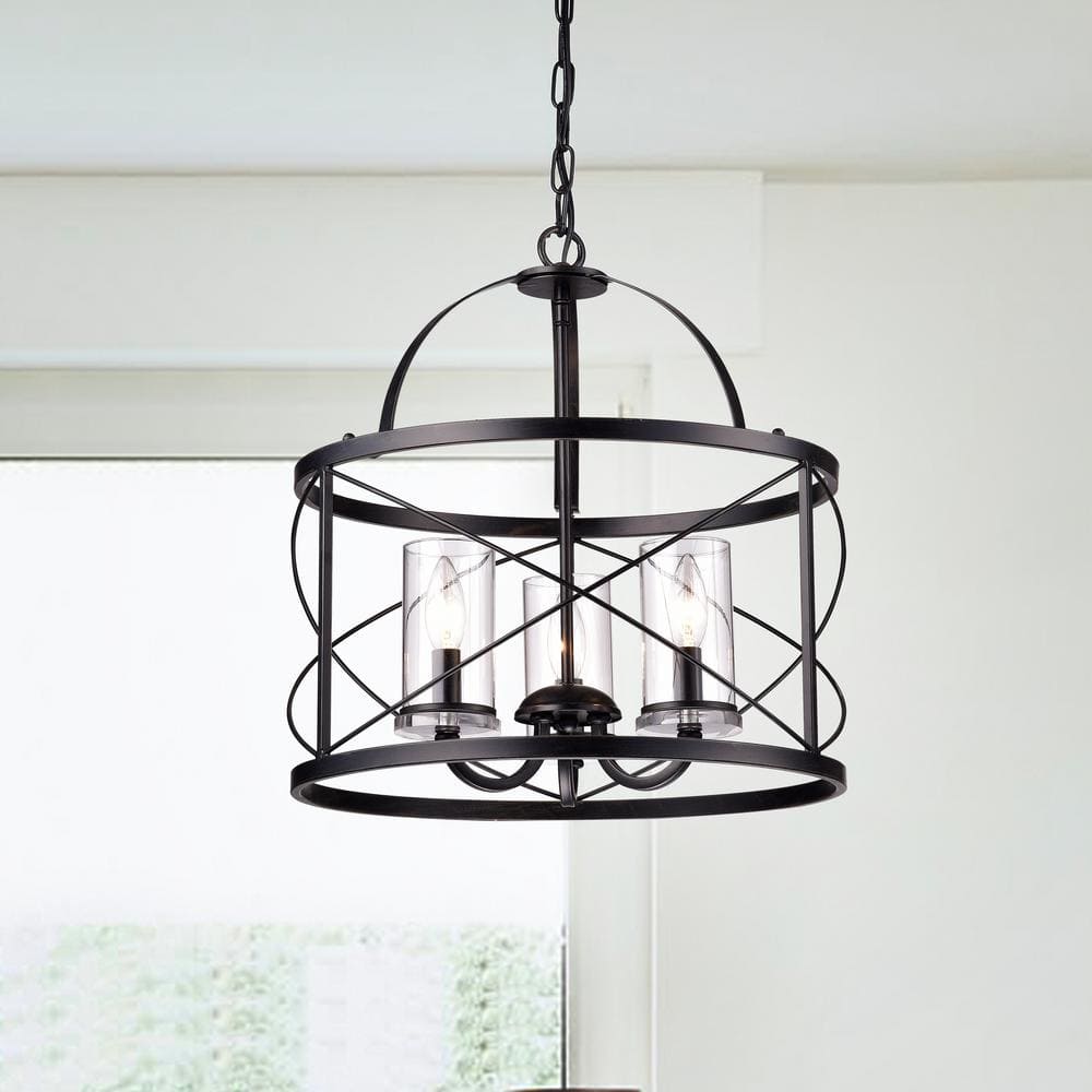 Black Lantern Style 3-Light Chandelier with Glass Shades