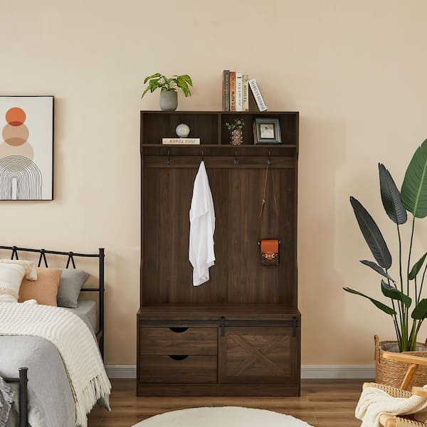 Walnut Wide Hall Tree with Shoe Storage and Cushion for Entryway Hallway
