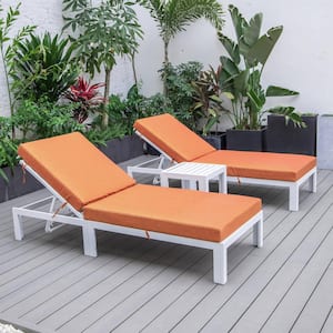 Chelsea Modern White Aluminum Outdoor Patio Chaise Lounge Chair with Side Table and  Orange Cushions Set of 2