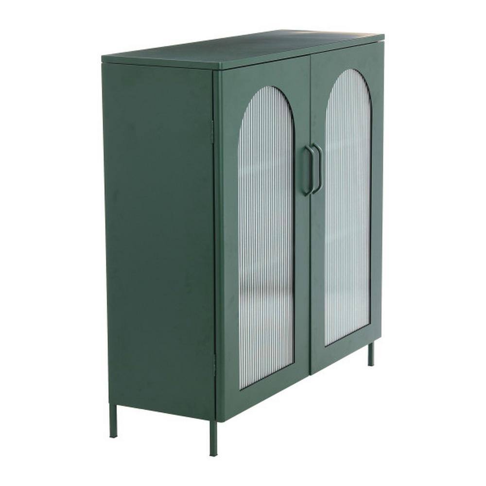 Dark Green Metal Cabinet with Adjustable Shelves and Arched Glass Doors