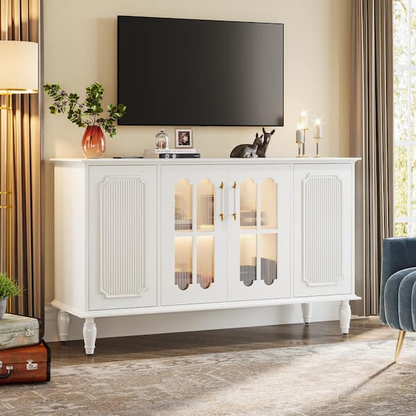 BYBLIGHT Ahlivia White Wood 59 in. Sideboard Buffet Storage Cabinet with 4-Doors and LED Strip