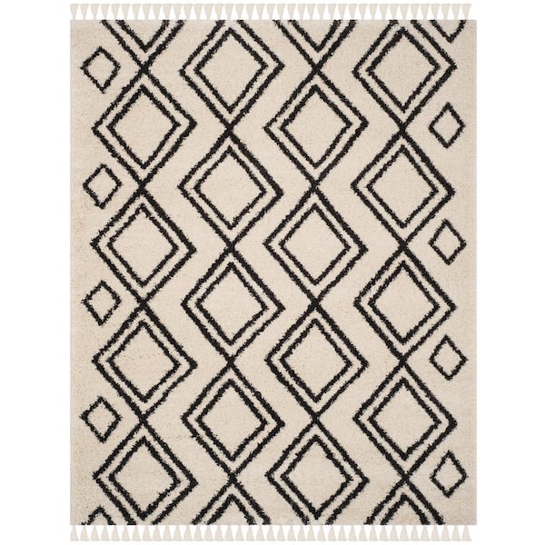 SAFAVIEH Moroccan Fringe Shag Cream/Charcoal 8 ft. x 10 ft. Tribal Multi-Diamond Area Rug