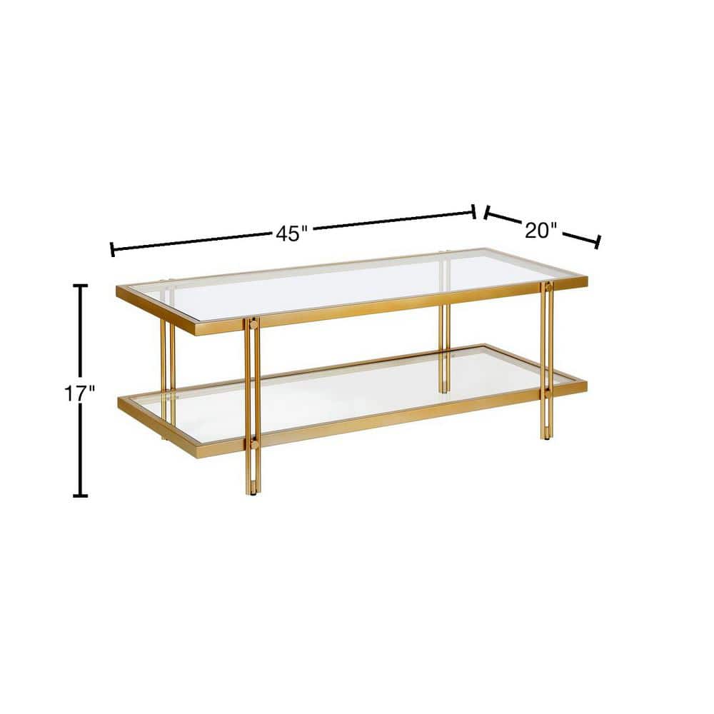 Modern Brass Finish Rectangular Coffee Table with Glass Storage Shelf