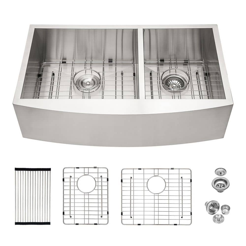 36 in. Apron Front Double Bowl 16 Gauge Brushed Nickel Stainless Steel Kitchen Sink with Grids, Drain, Rack and Template price history on PriceWatchPro