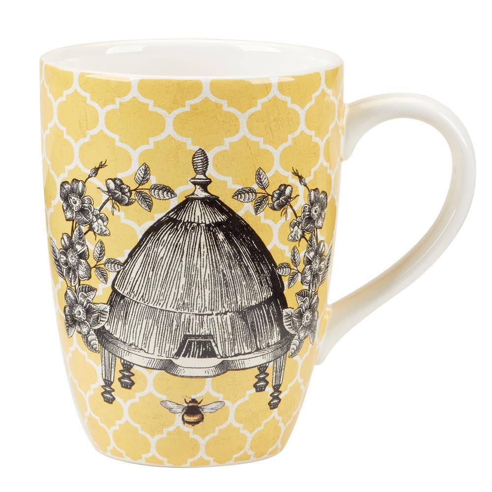 French Bees Yellow and White Ceramic 20 oz. Mugs, Set of 4