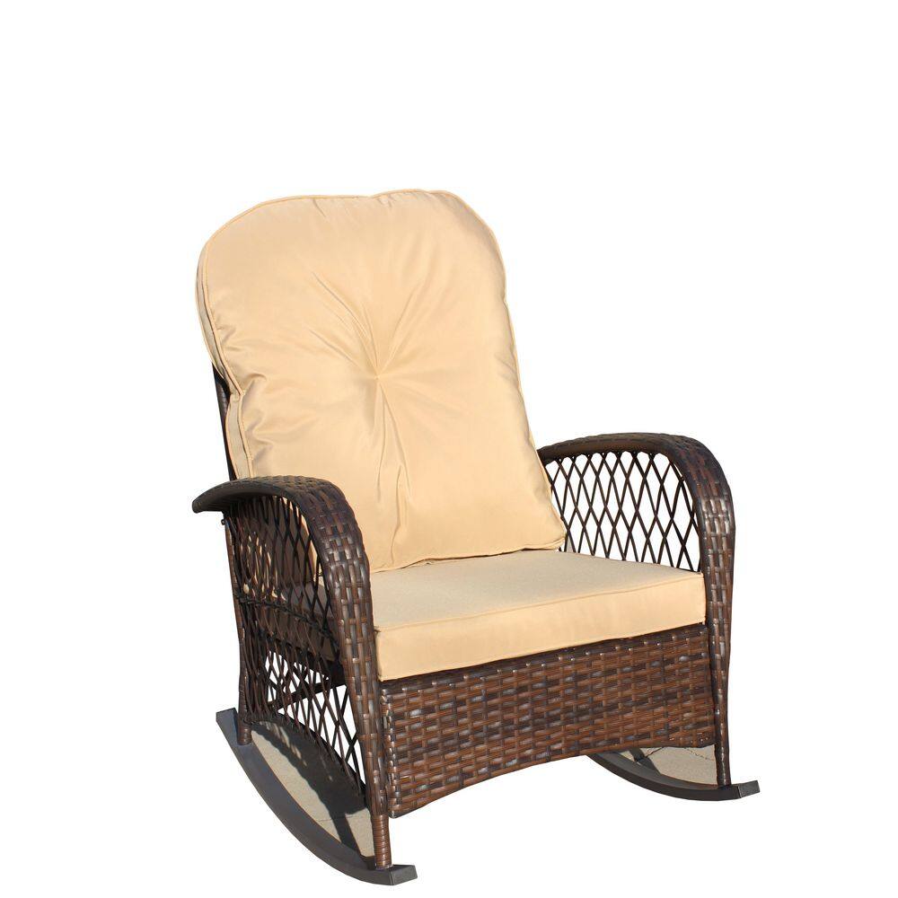 1-Piece Wicker Outdoor Rocking Chair with Brown Soft Cushions, Rattan Rocke