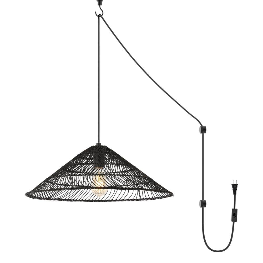 Nova 20.25" Black Rattan Cone LED Pendant with Adjustable Cord